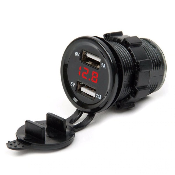 Moto socket USB charger x 2 and digital voltmeter, red led, black color, model II